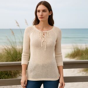 White House Black Market Cream Open Knit Lace Up 3/4 Sleeve Sweater Size Medium